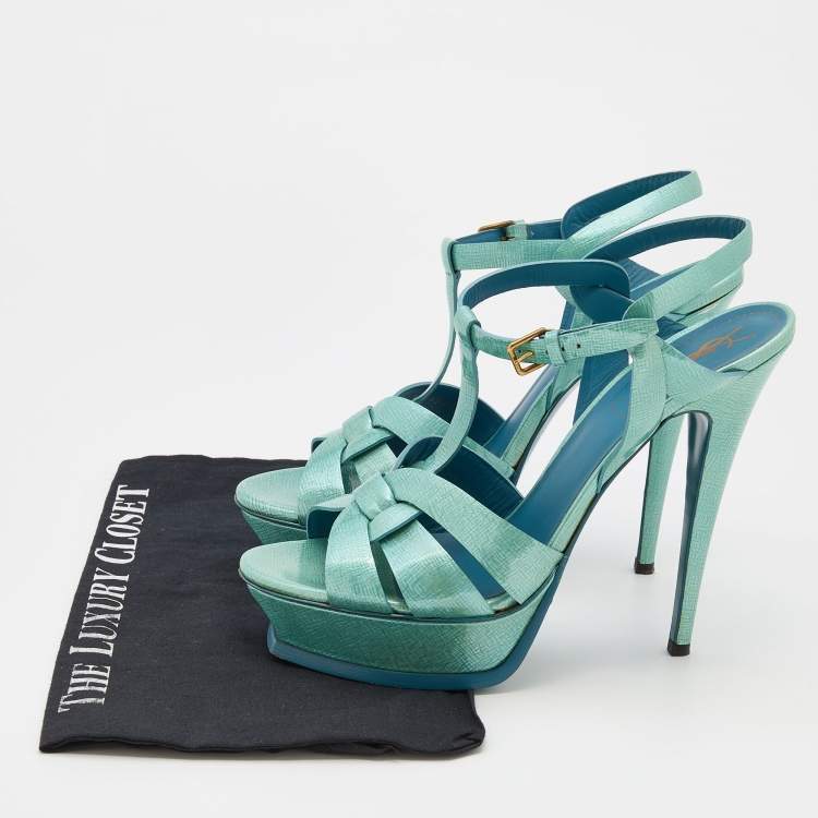 Pre Owned Yves Saint Laurent Mint Green Textured Patent Leather Tribute Platform Sandals Size 41