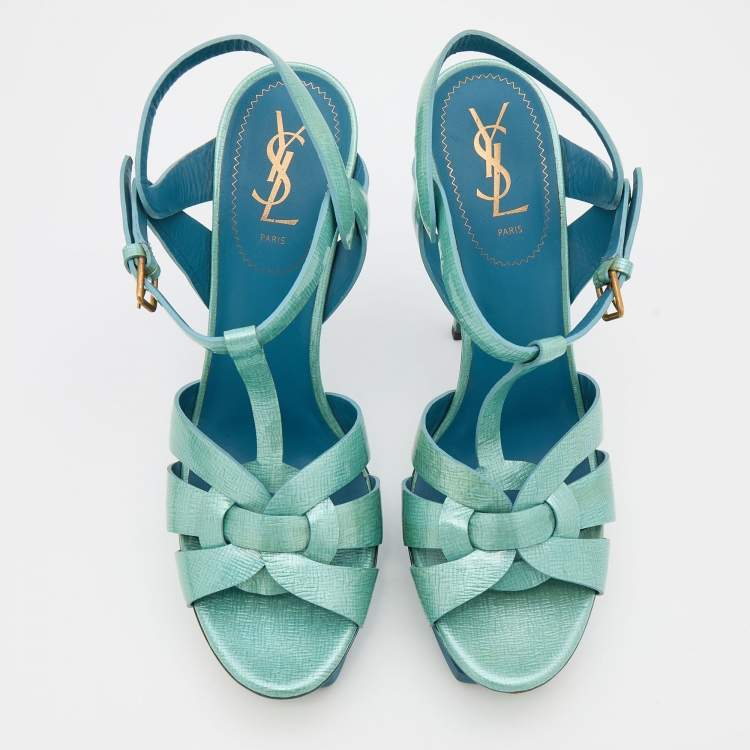 Pre Owned Yves Saint Laurent Mint Green Textured Patent Leather Tribute Platform Sandals Size 41
