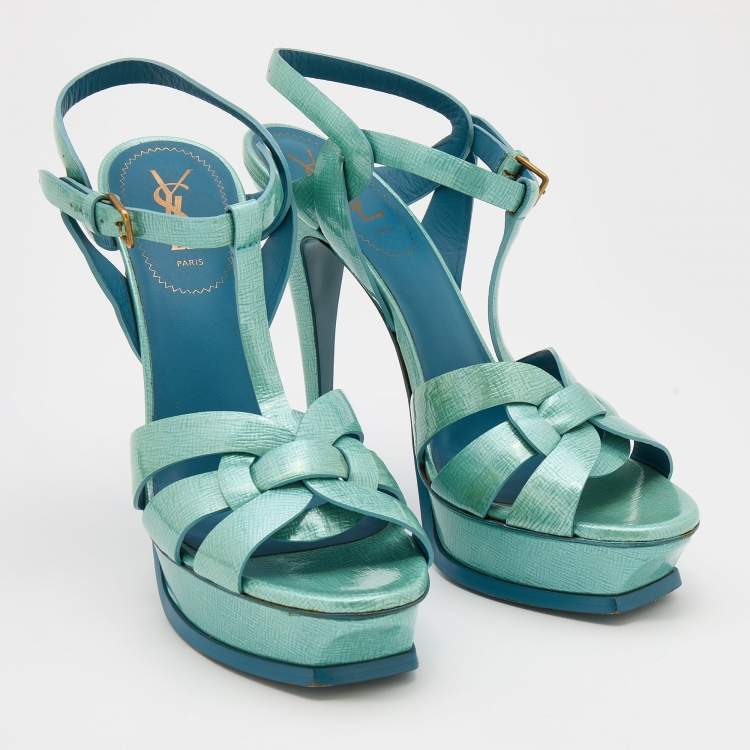 Pre Owned Yves Saint Laurent Mint Green Textured Patent Leather Tribute Platform Sandals Size 41