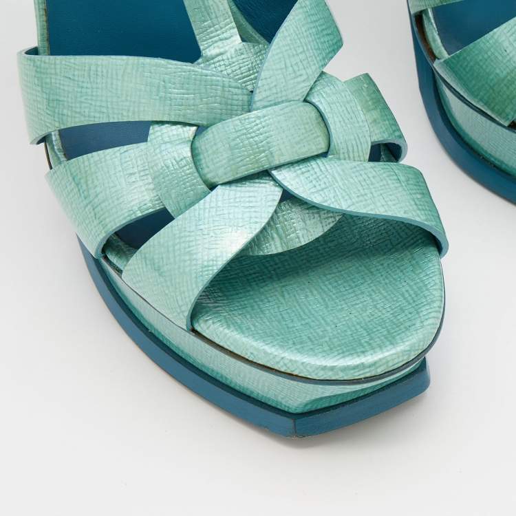 Pre Owned Yves Saint Laurent Mint Green Textured Patent Leather Tribute Platform Sandals Size 41