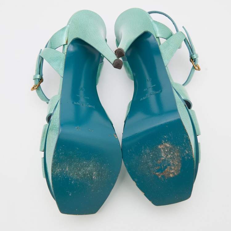 Pre Owned Yves Saint Laurent Mint Green Textured Patent Leather Tribute Platform Sandals Size 41