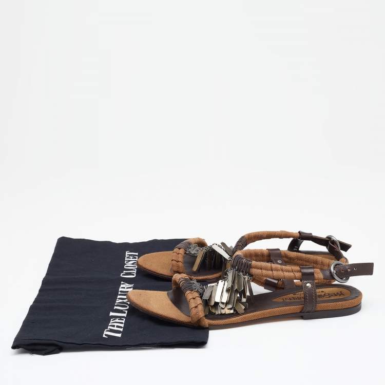 Pre Owned Yves Saint Laurent Brown Canvas and Leather Embellished Flat Sandals Size 39