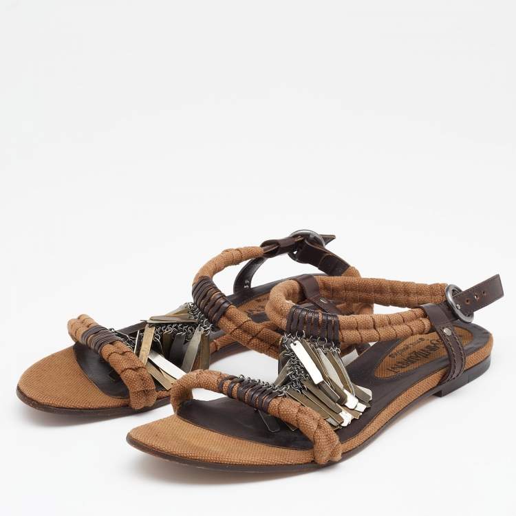 Pre Owned Yves Saint Laurent Brown Canvas and Leather Embellished Flat Sandals Size 39