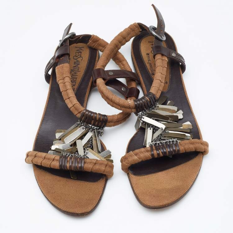 Pre Owned Yves Saint Laurent Brown Canvas and Leather Embellished Flat Sandals Size 39