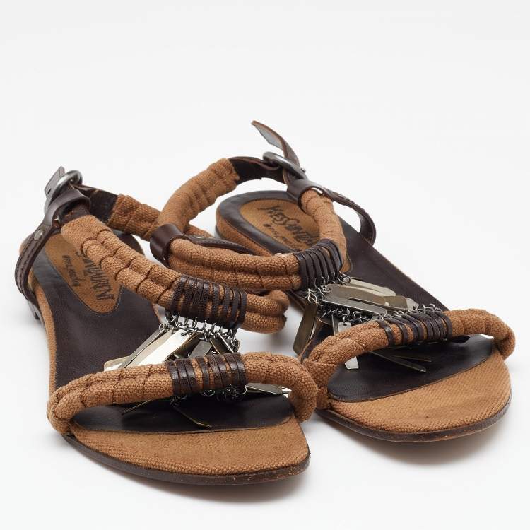 Pre Owned Yves Saint Laurent Brown Canvas and Leather Embellished Flat Sandals Size 39