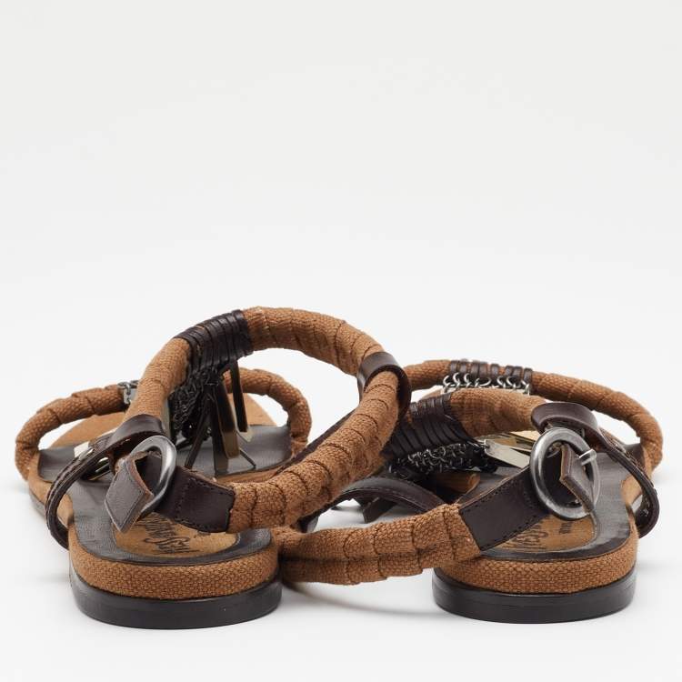 Pre Owned Yves Saint Laurent Brown Canvas and Leather Embellished Flat Sandals Size 39