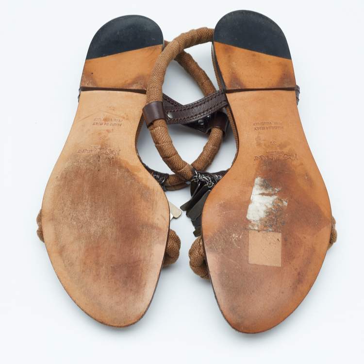 Pre Owned Yves Saint Laurent Brown Canvas and Leather Embellished Flat Sandals Size 39