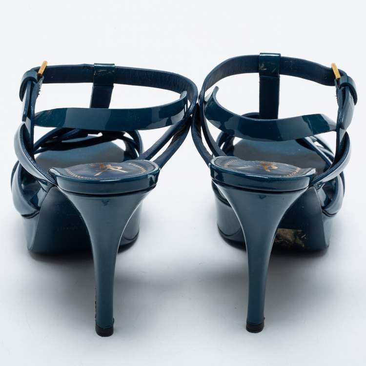 Pre Owned Yves Saint Laurent Navy Blue Patent Leather Tribute Platform Sandals Size 37