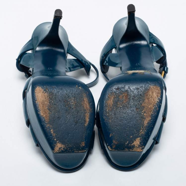 Pre Owned Yves Saint Laurent Navy Blue Patent Leather Tribute Platform Sandals Size 37