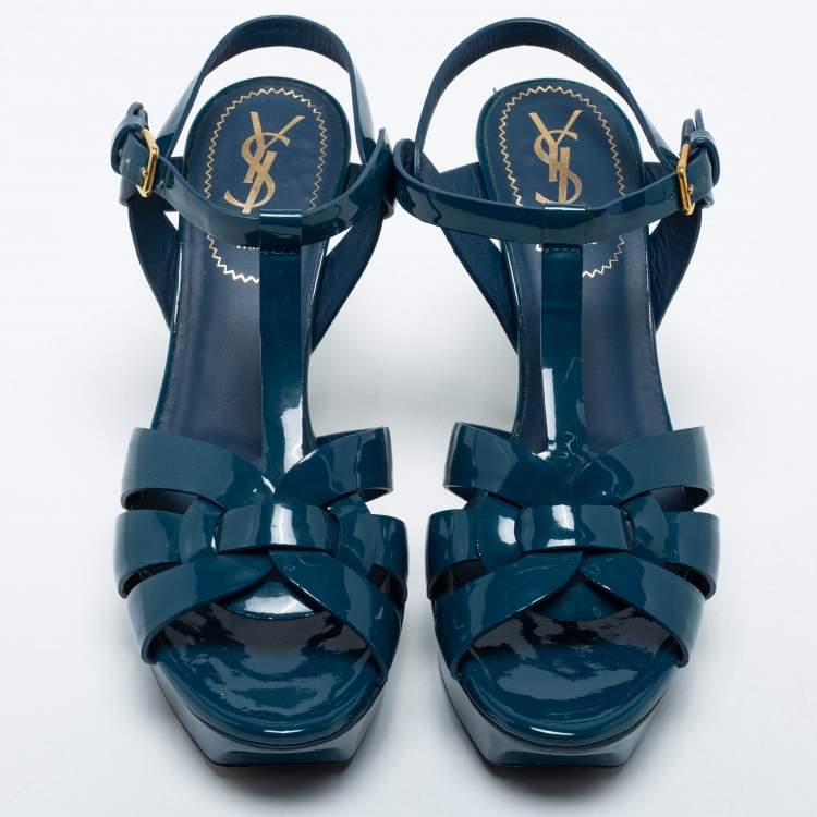 Pre Owned Yves Saint Laurent Navy Blue Patent Leather Tribute Platform Sandals Size 37