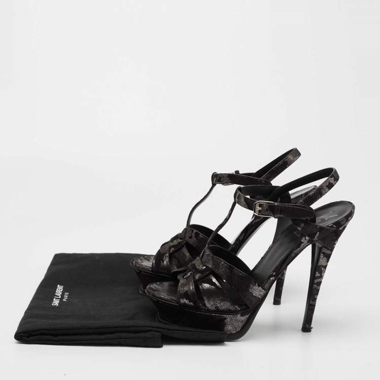 Pre Owned Yves Saint Laurent Black/Silver  Suede Tribute Ankle Strap  Sandals Size 38
