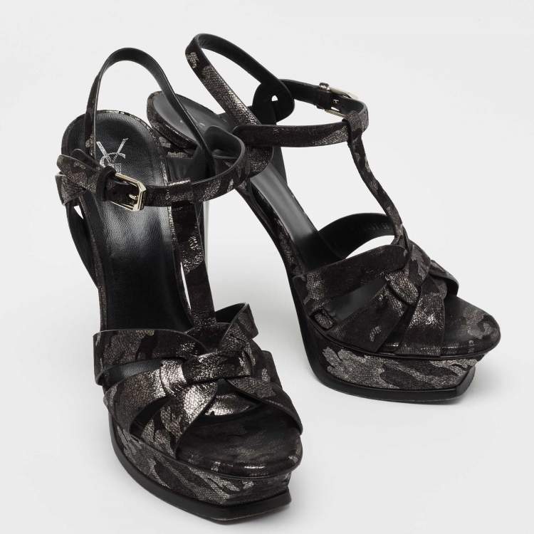 Pre Owned Yves Saint Laurent Black/Silver  Suede Tribute Ankle Strap  Sandals Size 38