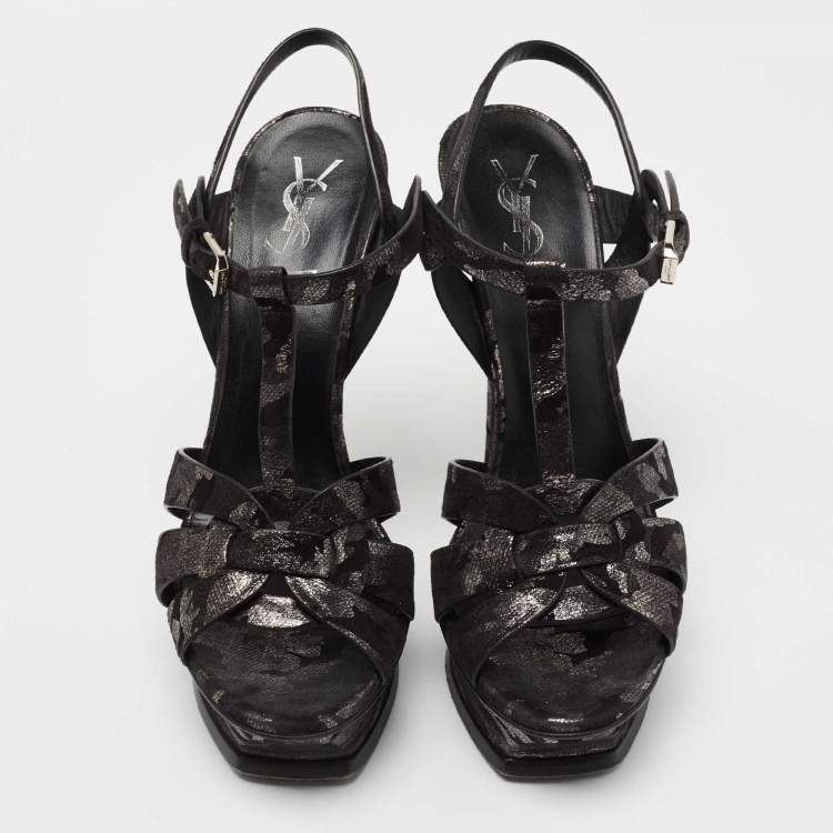 Pre Owned Yves Saint Laurent Black/Silver  Suede Tribute Ankle Strap  Sandals Size 38