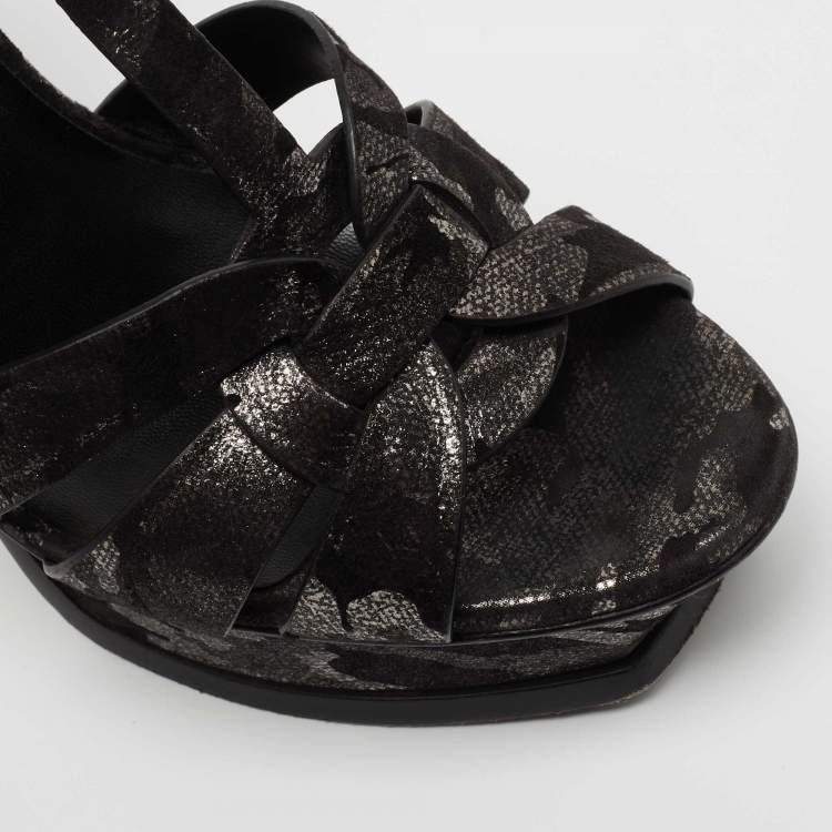 Pre Owned Yves Saint Laurent Black/Silver  Suede Tribute Ankle Strap  Sandals Size 38