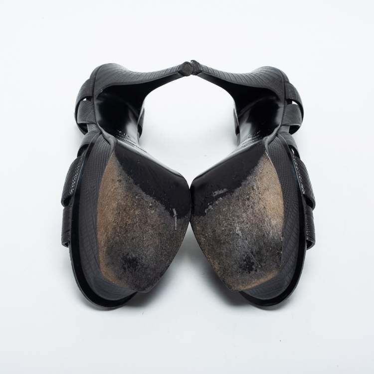 Pre Owned Yves Saint Laurent Black Lizard Embossed Leather Tribute  Ankle Strap Sandals Size 37.5