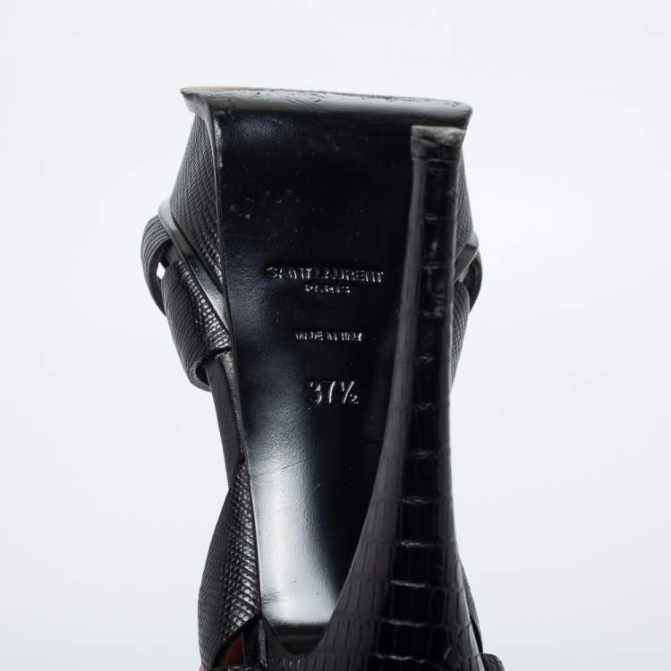 Pre Owned Yves Saint Laurent Black Lizard Embossed Leather Tribute  Ankle Strap Sandals Size 37.5
