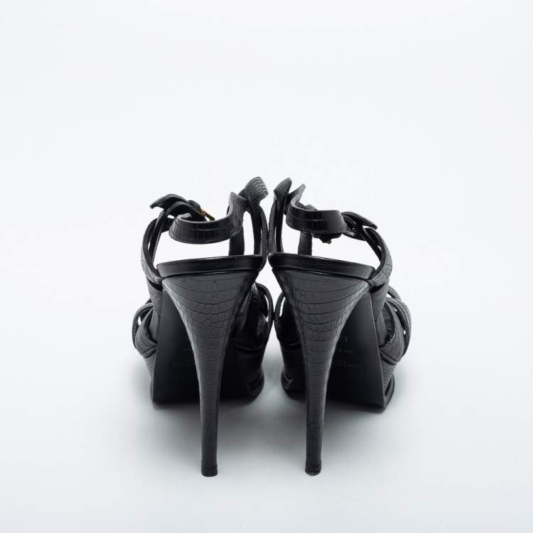 Pre Owned Yves Saint Laurent Black Lizard Embossed Leather Tribute  Ankle Strap Sandals Size 37.5