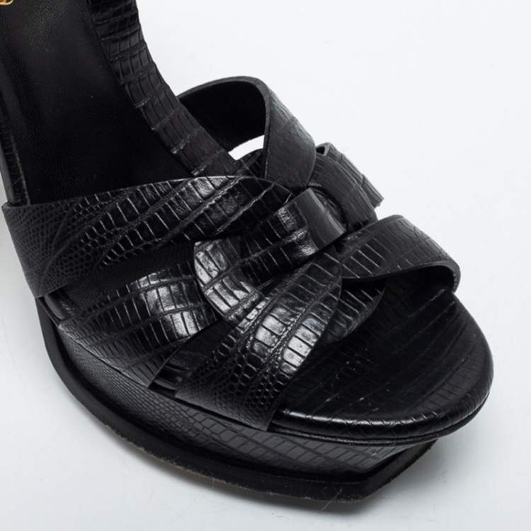 Pre Owned Yves Saint Laurent Black Lizard Embossed Leather Tribute  Ankle Strap Sandals Size 37.5