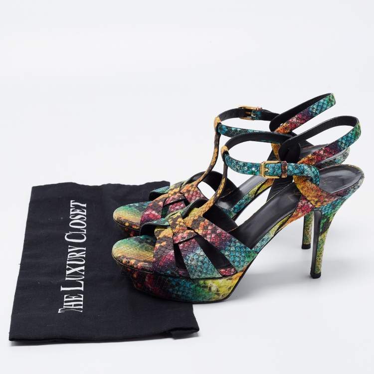 Pre Owned Yves Saint Laurent Multicolor Python Embossed Leather Tribute Sandals Size 38.5