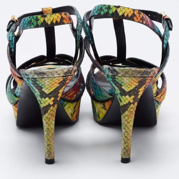 Pre Owned Yves Saint Laurent Multicolor Python Embossed Leather Tribute Sandals Size 38.5