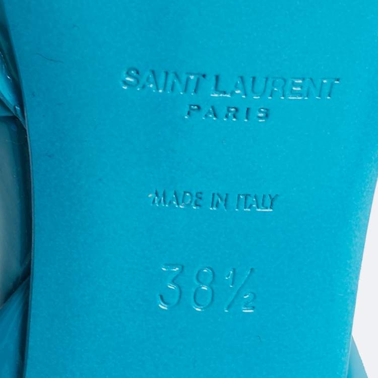 Pre Owned Yves Saint Laurent Blue Patent Tribute Ankle Strap Sandals Size 38.5