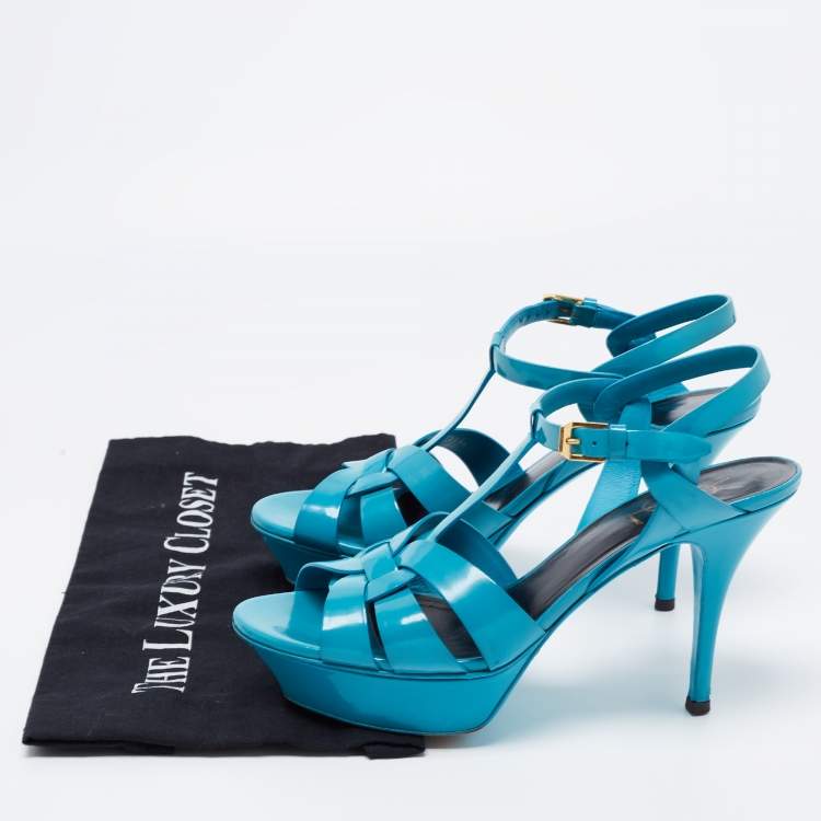 Pre Owned Yves Saint Laurent Blue Patent Tribute Ankle Strap Sandals Size 38.5