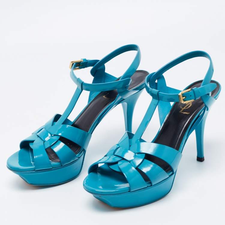 Pre Owned Yves Saint Laurent Blue Patent Tribute Ankle Strap Sandals Size 38.5