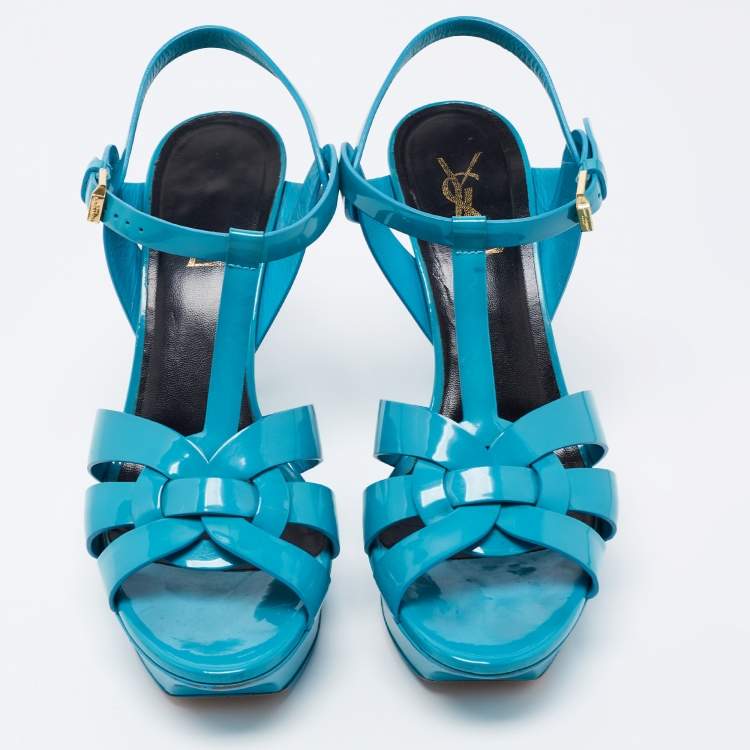 Pre Owned Yves Saint Laurent Blue Patent Tribute Ankle Strap Sandals Size 38.5