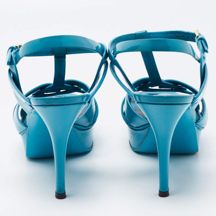 Pre Owned Yves Saint Laurent Blue Patent Tribute Ankle Strap Sandals Size 38.5