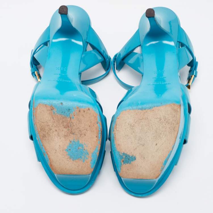 Pre Owned Yves Saint Laurent Blue Patent Tribute Ankle Strap Sandals Size 38.5
