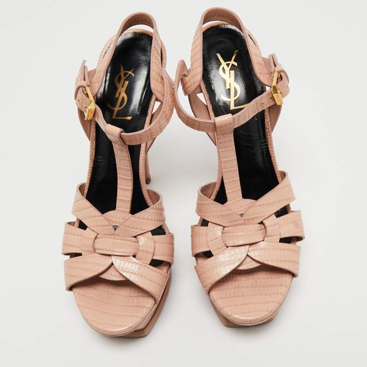 Pre Owned Yves Saint Laurent Pink Lizard Embossed Leather Tribute Ankle Strap Sandals Size 37.5