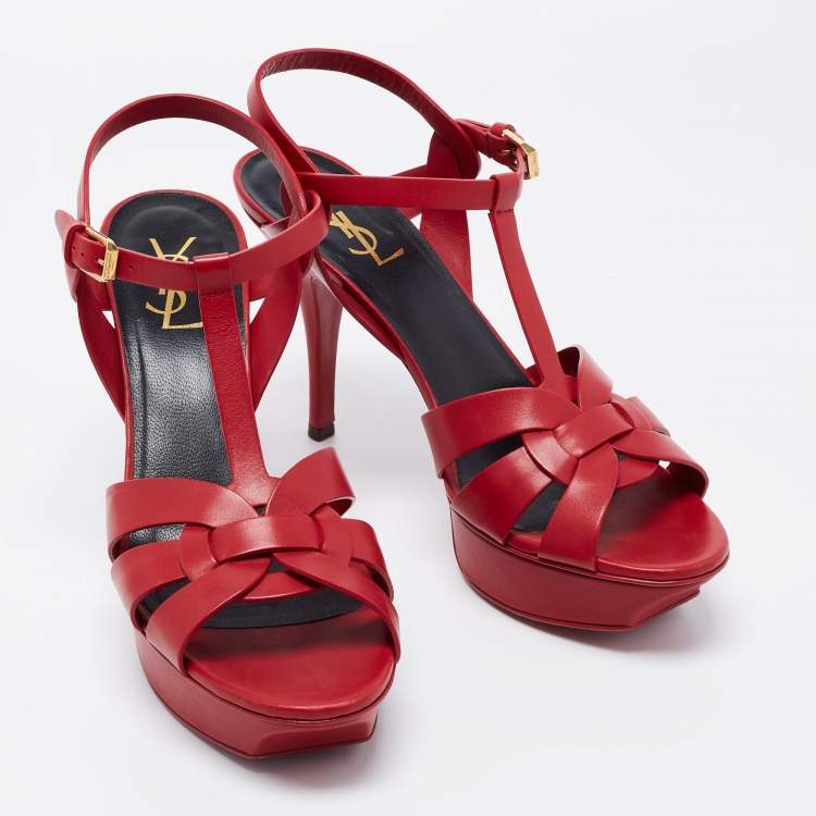 Pre Owned Yves Saint Laurent Red Leather Tribute Platform Sandals Size 40