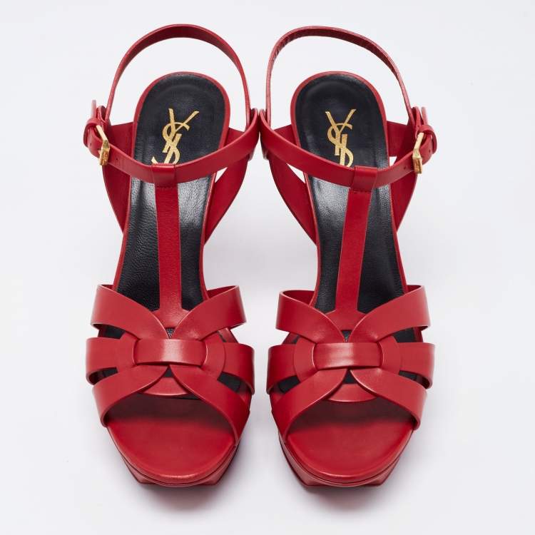 Pre Owned Yves Saint Laurent Red Leather Tribute Platform Sandals Size 40