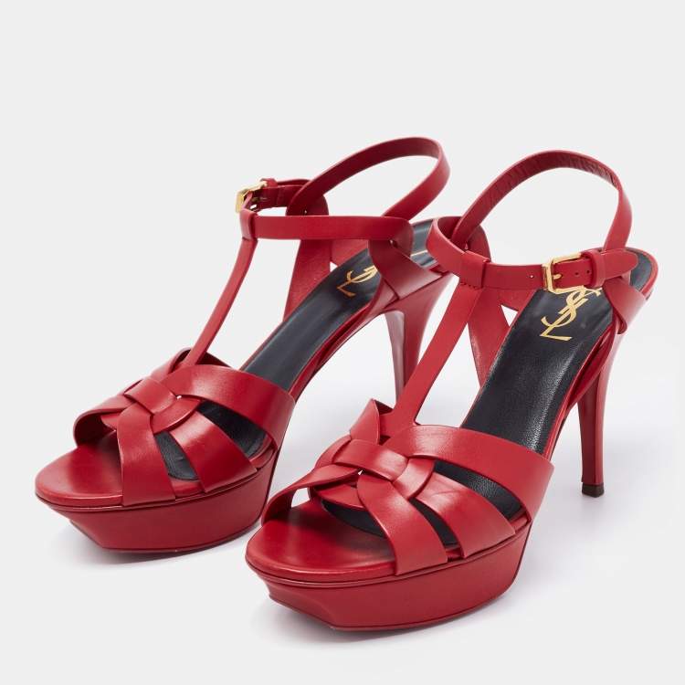 Pre Owned Yves Saint Laurent Red Leather Tribute Platform Sandals Size 40