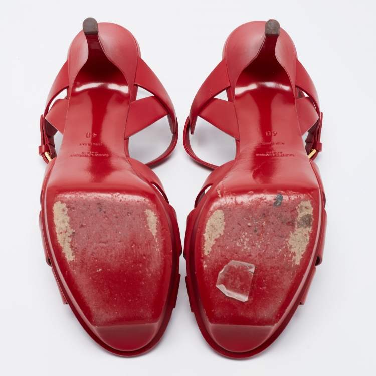 Pre Owned Yves Saint Laurent Red Leather Tribute Platform Sandals Size 40