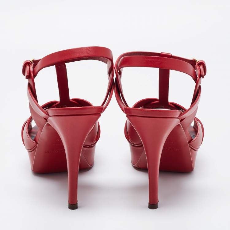 Pre Owned Yves Saint Laurent Red Leather Tribute Platform Sandals Size 40