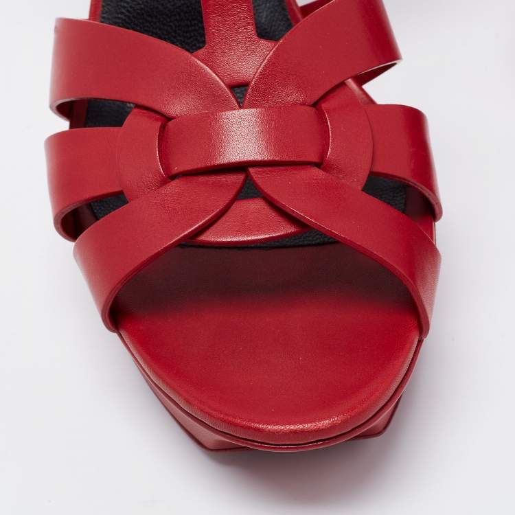 Pre Owned Yves Saint Laurent Red Leather Tribute Platform Sandals Size 40