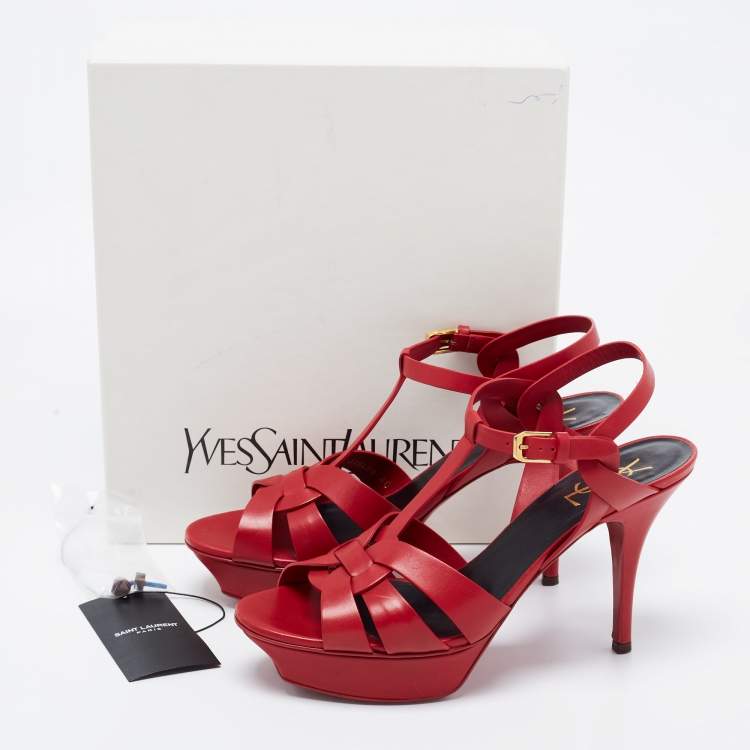 Pre Owned Yves Saint Laurent Red Leather Tribute Platform Sandals Size 40