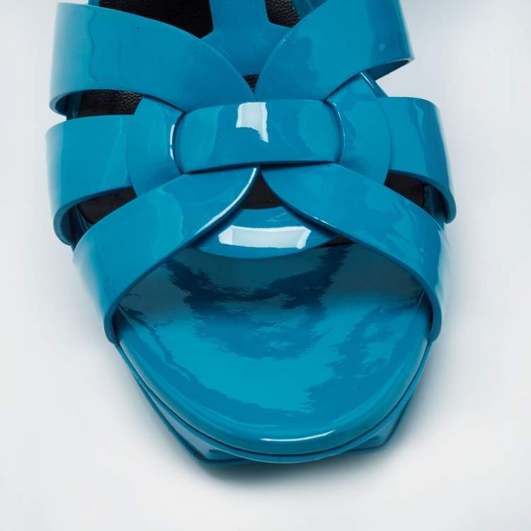 Pre Owned Yves Saint Laurent Blue Patent Leather Tribute Platform Sandals Size 39.5