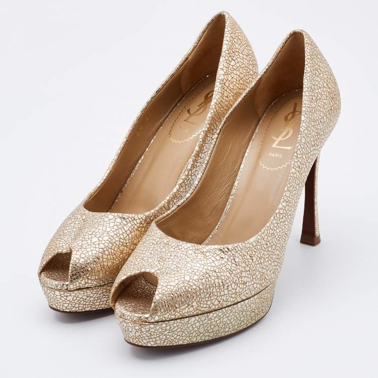 Pre Owned Yves Saint Laurent Gold Textured Leather Peep Toe Platform Pumps Size 37.5