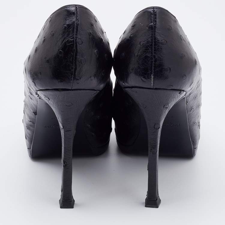 Pre Owned Yves Saint Laurent Black Ostrich Leather Tribtoo Platform Pumps Size 37.5