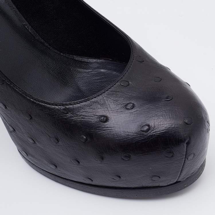 Pre Owned Yves Saint Laurent Black Ostrich Leather Tribtoo Platform Pumps Size 37.5