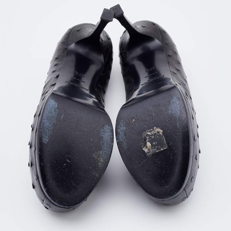 Pre Owned Yves Saint Laurent Black Ostrich Leather Tribtoo Platform Pumps Size 37.5
