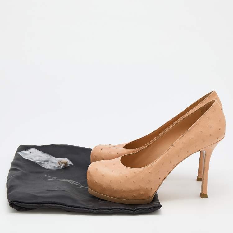 Pre Owned Yves Saint Laurent Beige Ostrich Leather Tribtoo Platform Pumps Size 37.5
