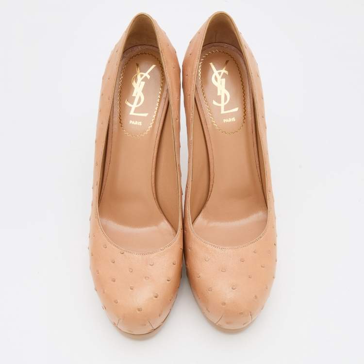 Pre Owned Yves Saint Laurent Beige Ostrich Leather Tribtoo Platform Pumps Size 37.5
