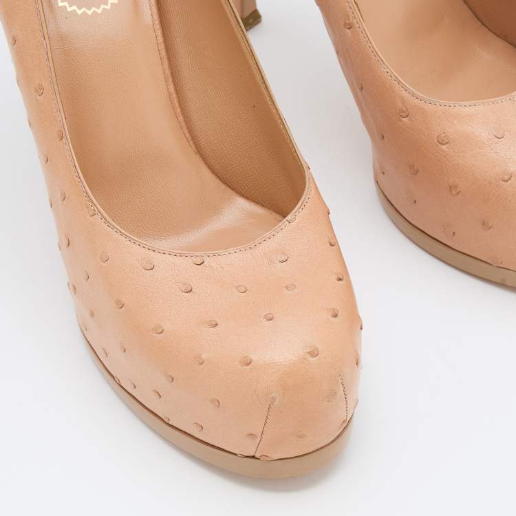 Pre Owned Yves Saint Laurent Beige Ostrich Leather Tribtoo Platform Pumps Size 37.5