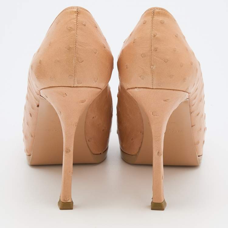 Pre Owned Yves Saint Laurent Beige Ostrich Leather Tribtoo Platform Pumps Size 37.5
