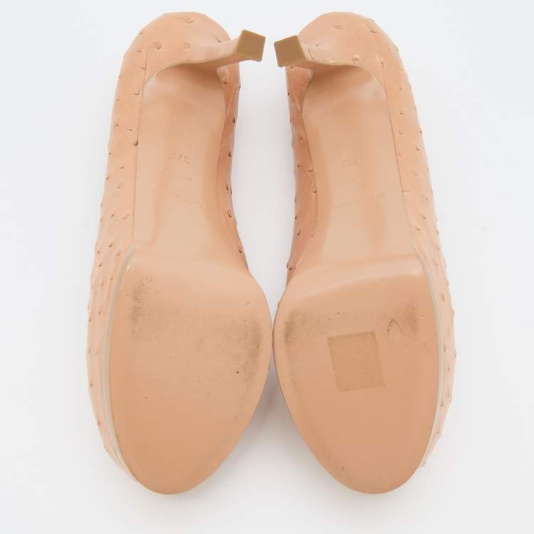 Pre Owned Yves Saint Laurent Beige Ostrich Leather Tribtoo Platform Pumps Size 37.5