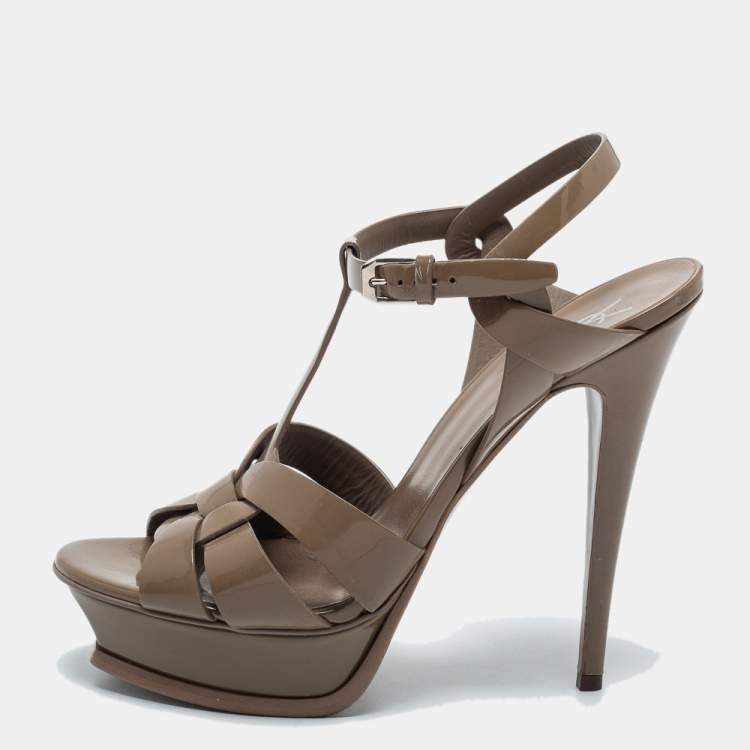 Pre Owned Yves Saint Laurent Brown Patent Leather Tribute Sandals Size 41