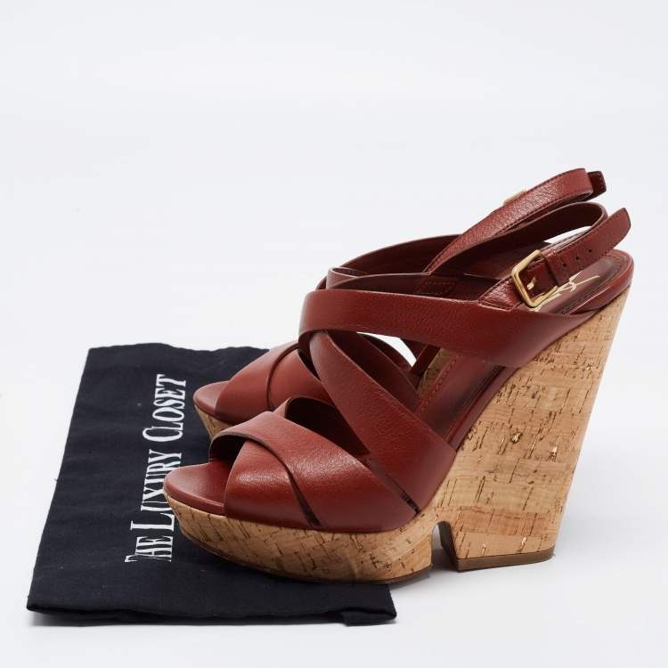 Pre Owned Yves Saint Laurent Brown Leather Strappy Sandals Size 40
